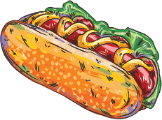clip art of a hotdog loaded with toppings