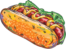 clip art of a hotdog loaded with toppings