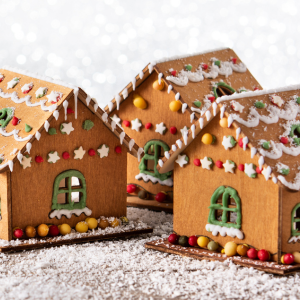 image of three gingerbread houses at Christmas
