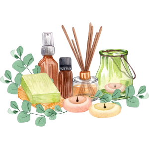 watercolor SPA composition. Bath collection of aromatherapy products like oil, salts, stones candles, and aroma sticks.