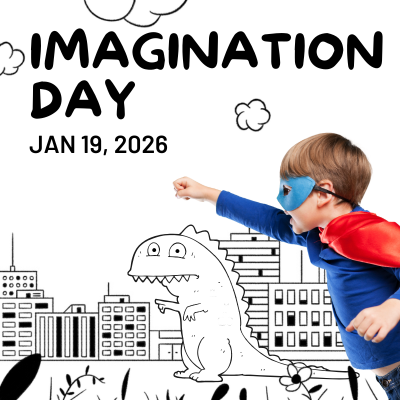 Imagination day graphic, black and white sketch of city, large dinosaur stomping, child flying overhead in super hero outfit