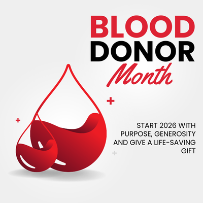 graphic for National Blood Donor Month, white background, red and black text, image depicting large drop of blood