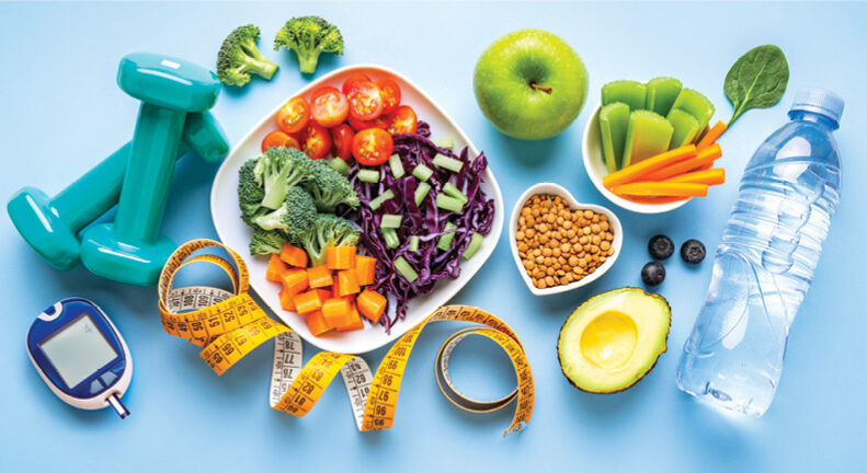 Healthy Foods displayed on blue backdrop. Vegetables, Fruit, Water