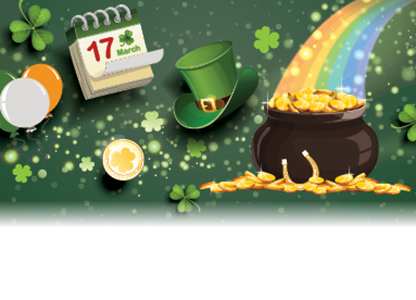 St. Patrick's Day graphic, pot of gold at end of rainbow, clovers, and calendar of March 17